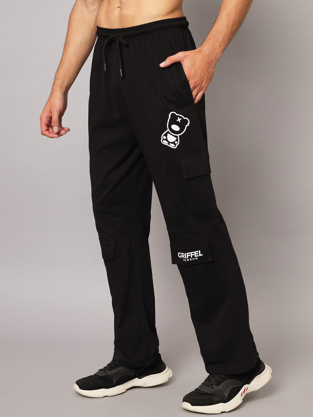GRIFFEL Men Cotton 6 Pocket Front Logo Black Teddy Printed Trackpants - griffel