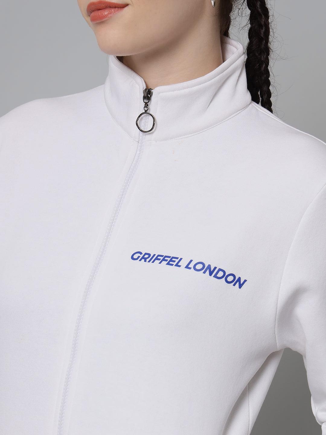 Griffel Women’s Cotton Fleece Full Sleeve White Zipper Sweatshirt - griffel