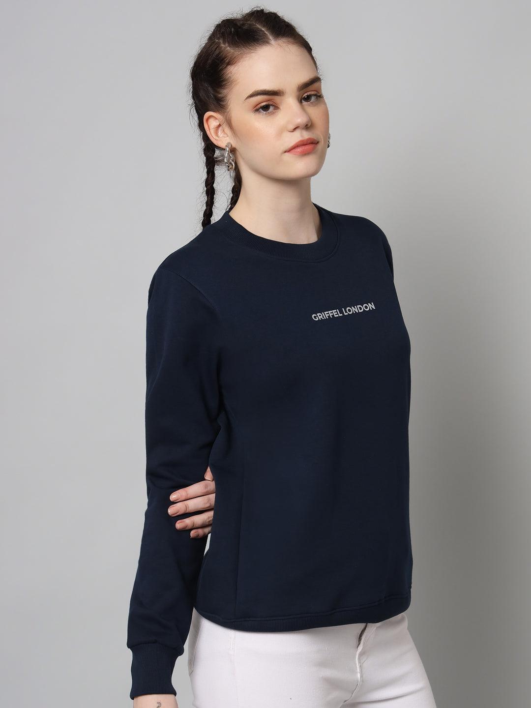 Griffel Women’s Printed Round Neck Navy Cotton Fleece Full Sleeve Sweatshirt - griffel