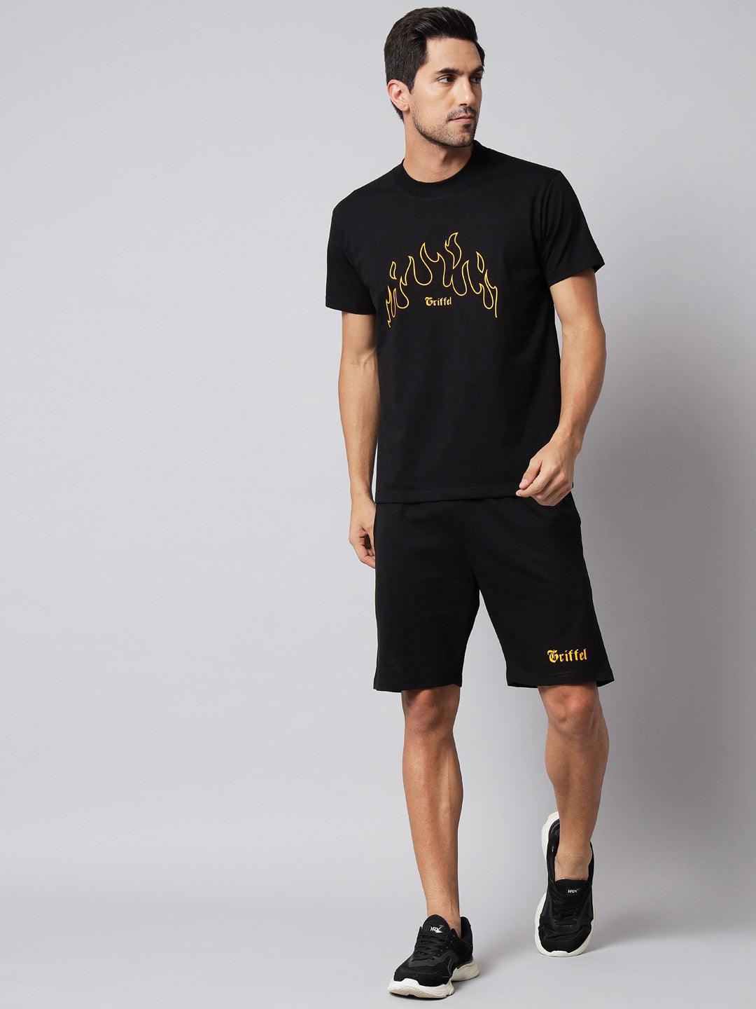 GRIFFEL Men Fire Print Black Regular fit T-shirt and Short Set - griffel