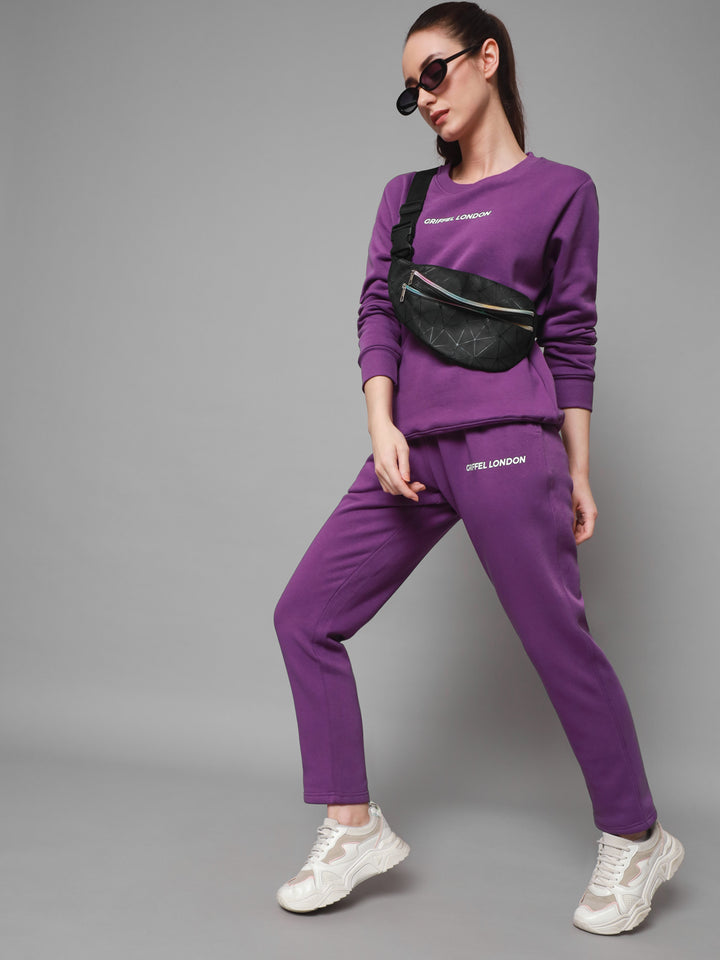 Griffel Women Solid Fleece Basic Round Neck Sweatshirt and Joggers Full set Dark Purple Tracksuit - griffel