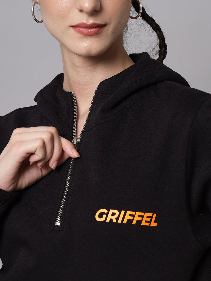 Griffel Women’s Cotton Fleece Full Sleeve Hoodie Black Half Zip Sweatshirt - griffel