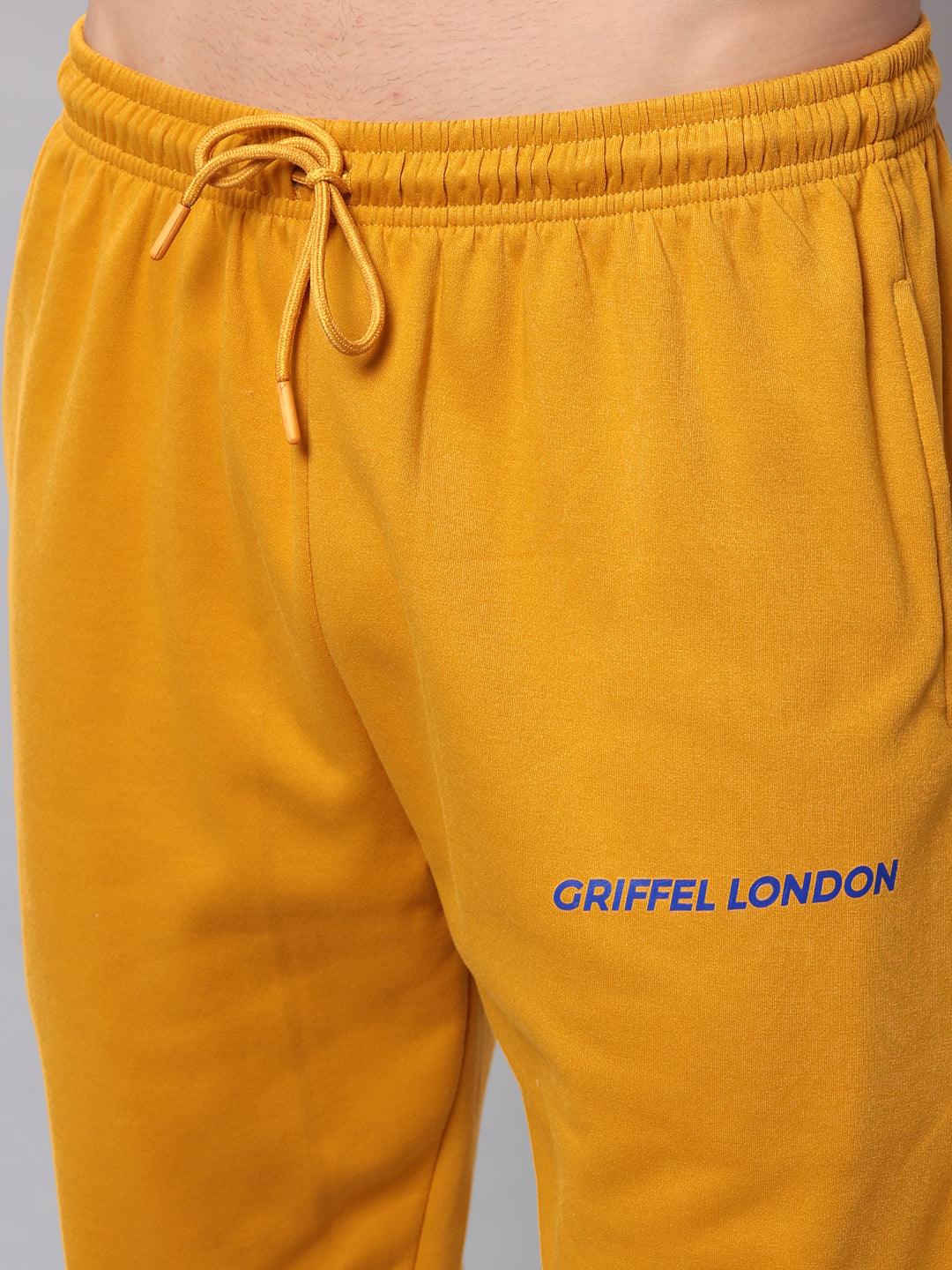 GRIFFEL Men Fleece Basic Solid Front Logo Mustard Trackpants - griffel