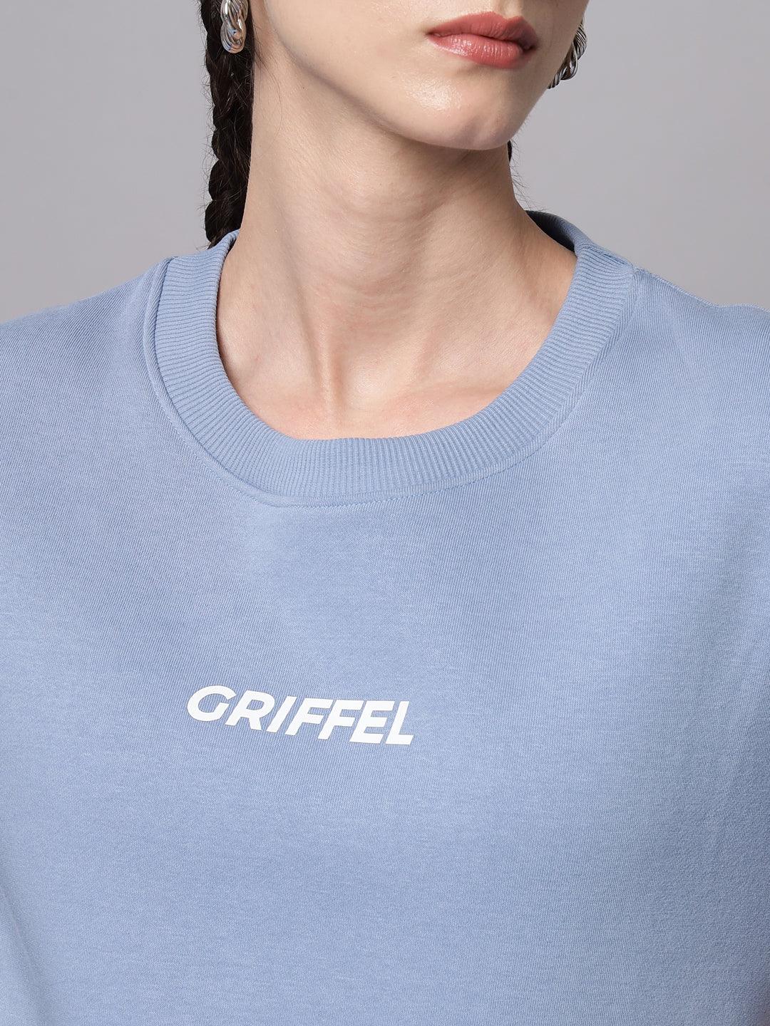 Griffel Women’s Printed Round Neck Sky Blue Cotton Fleece Full Sleeve Sweatshirt - griffel