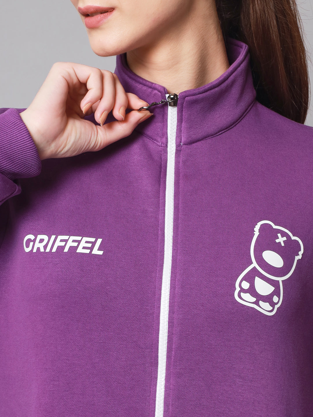 Griffel Women’s Cotton Fleece Full Sleeve Dark Purple Zipper Sweatshirt - griffel