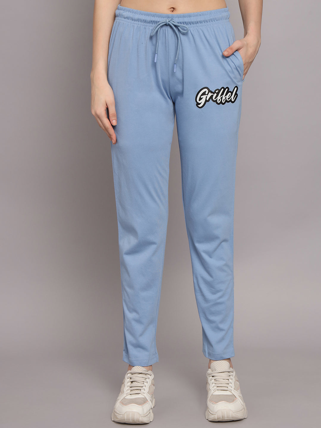 GRIFFEL Women Printed Oversized Loose fit Sky Blue T-shirt and Trackpant Set - griffel