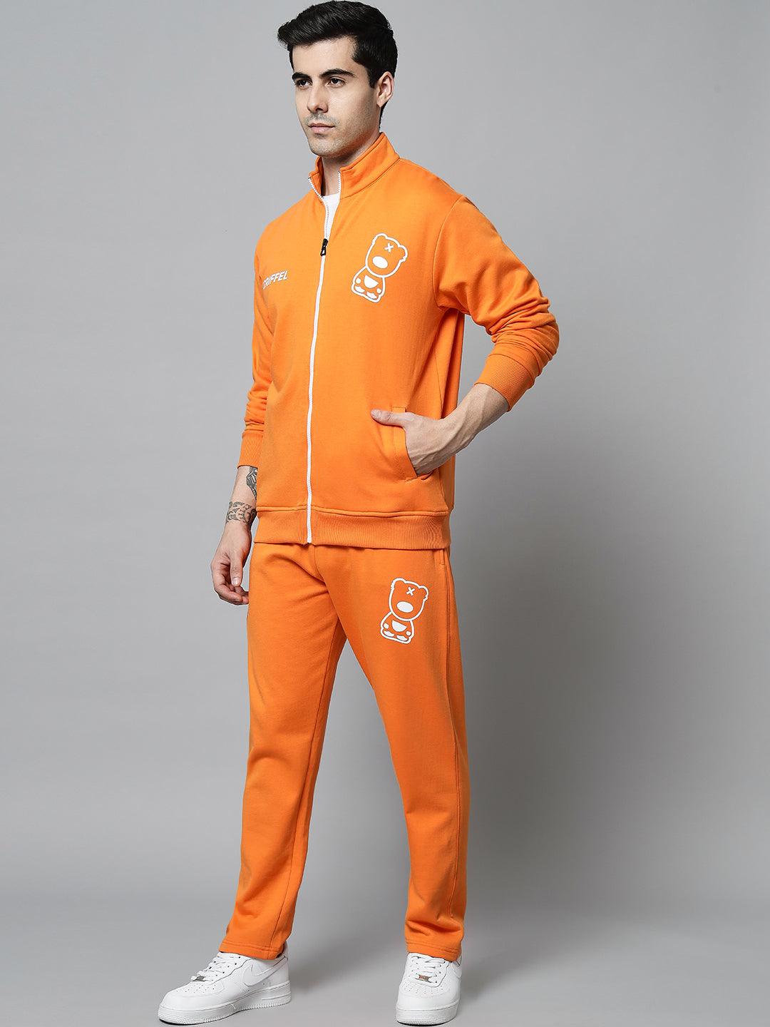 Griffel Men's Front Logo Print Fleece Zipper and Jogger Full set Orange Tracksuit - griffel
