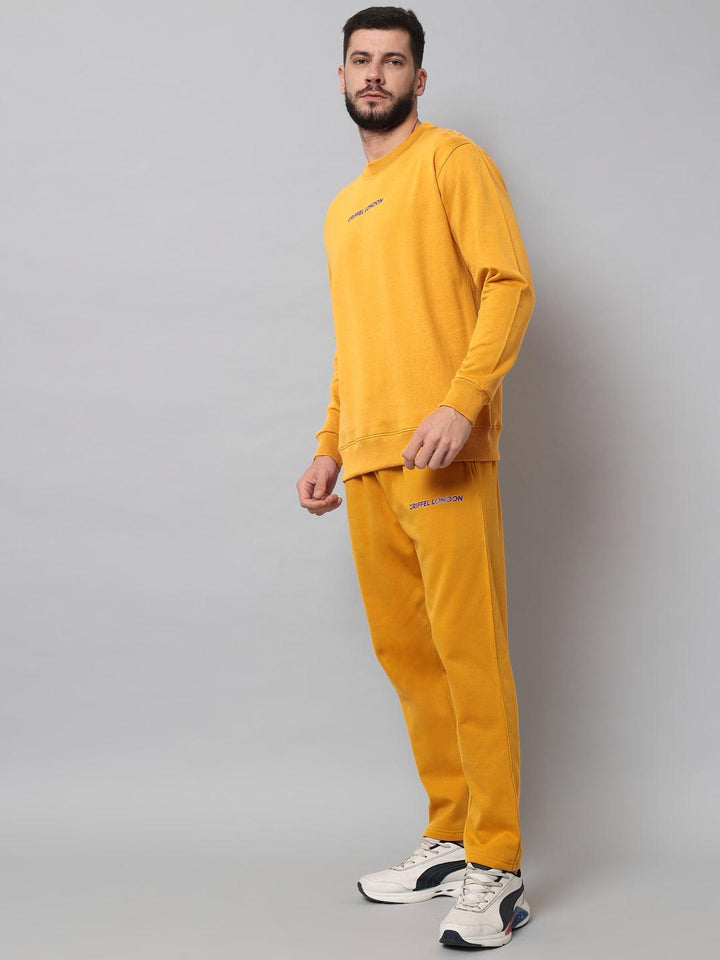 Griffel Men's Front Logo Solid Fleece Basic R-Neck Sweatshirt and Joggers Full set Mustard Tracksuit - griffel