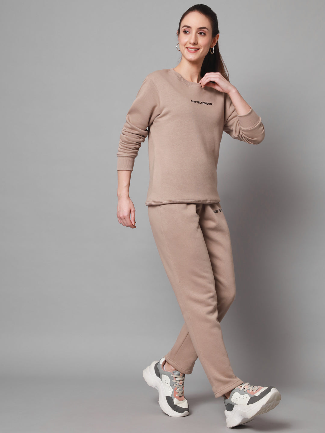 Griffel Women Solid Fleece Basic Round Neck Sweatshirt and Joggers Full set Camel Tracksuit - griffel