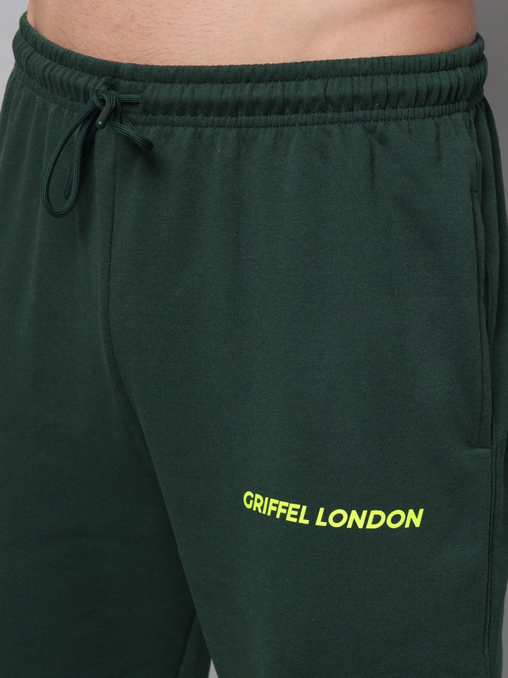 GRIFFEL Men Fleece Basic Solid Front Logo Green Trackpants - griffel