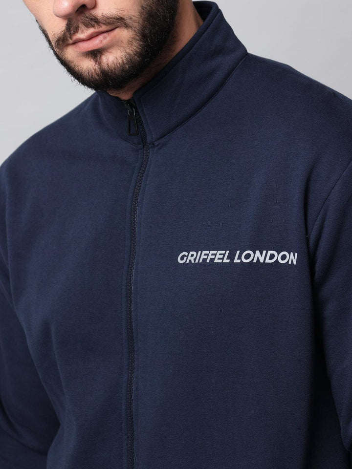Griffel Men's Solid Fleece Zipper Stylish Navy Sweatshirt - griffel