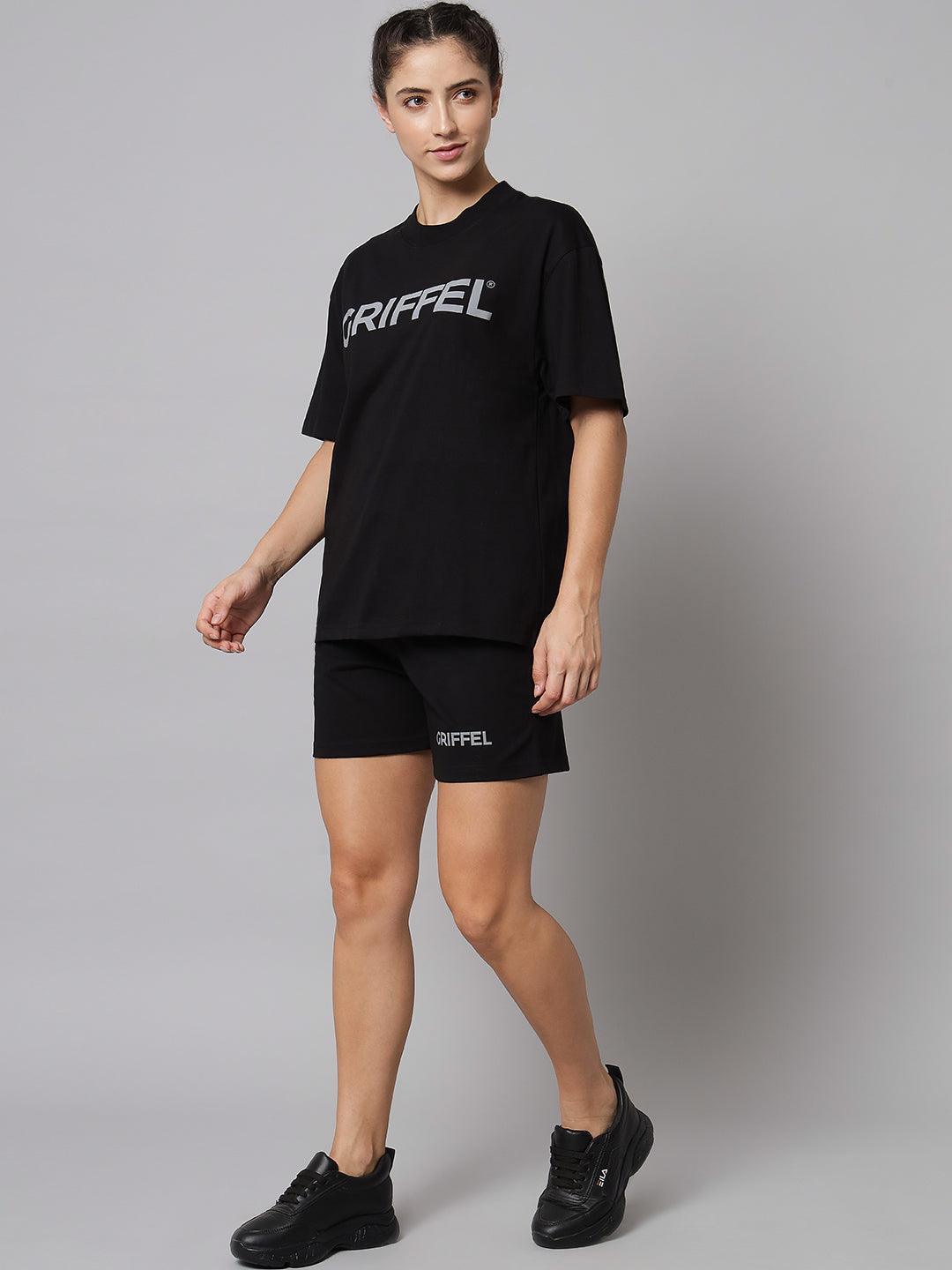 GRIFFEL Women Black Printed Oversized Loose fit T-shirt and Short Set - griffel