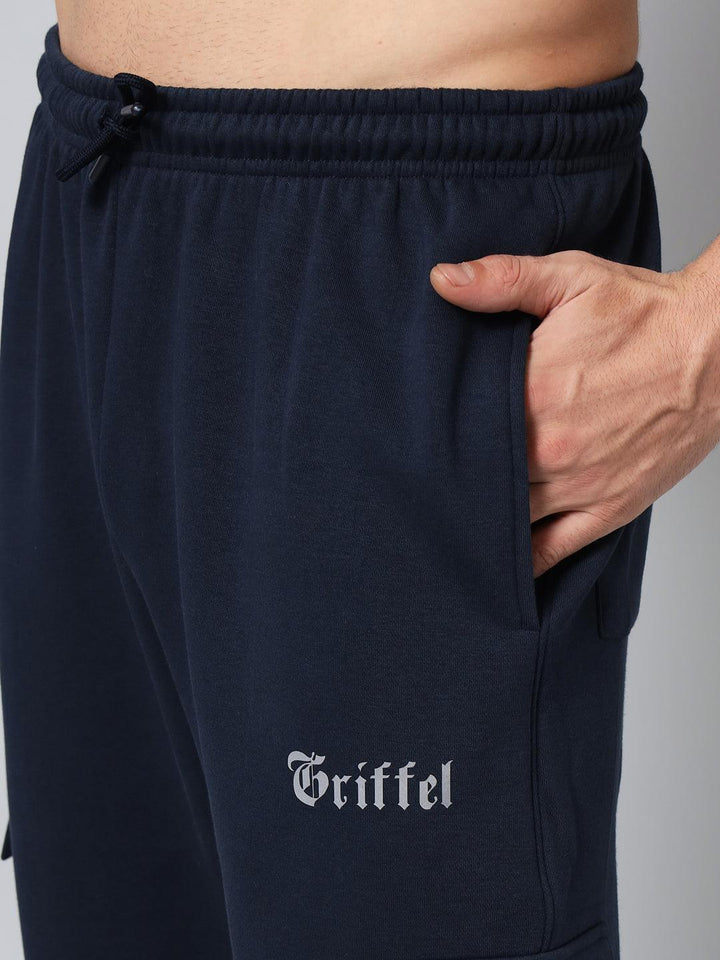 GRIFFEL Men Fleece 6 Pocket Front Logo Navy Grey Trackpants - griffel