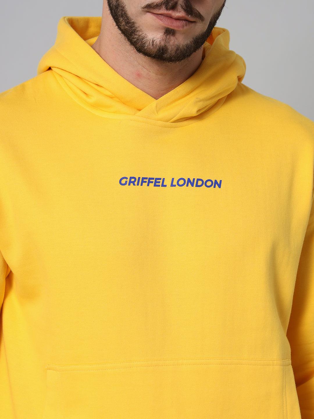 Griffel Men's Yellow Cotton Front Logo Fleece Hoody Sweatshirt with Full Sleeve - griffel