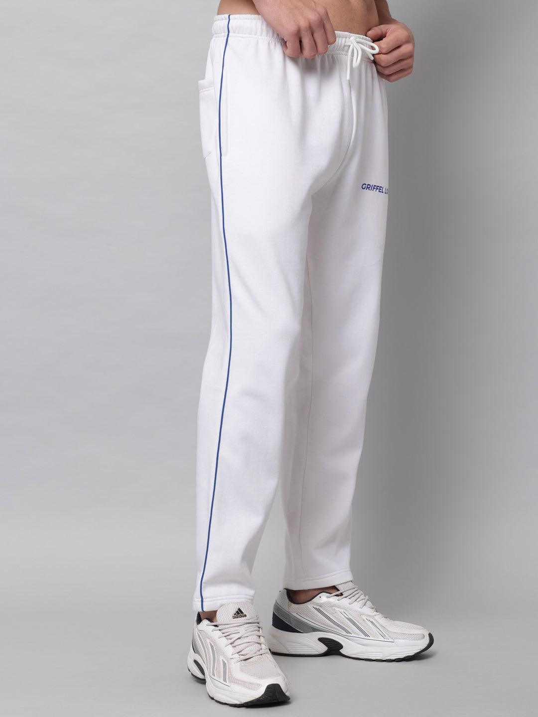 GRIFFEL Men Fleece Basic Solid Front Logo White Trackpants - griffel