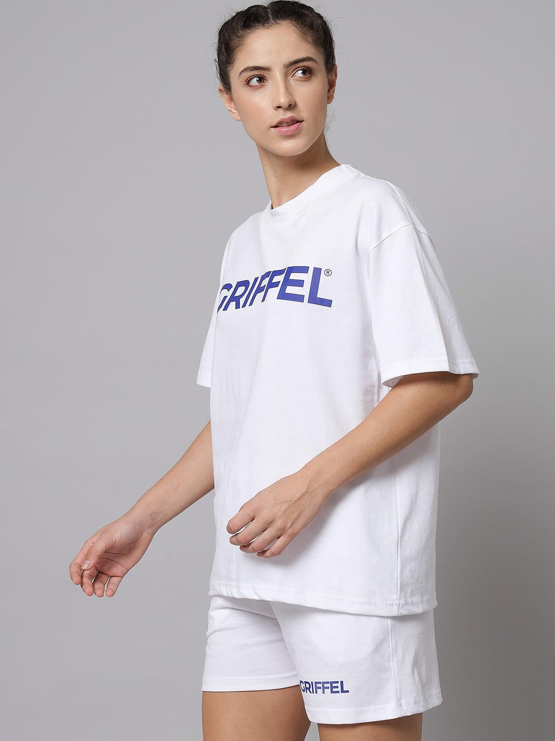 GRIFFEL Women Steel White Printed Oversized Loose fit T-shirt and Short Set - griffel