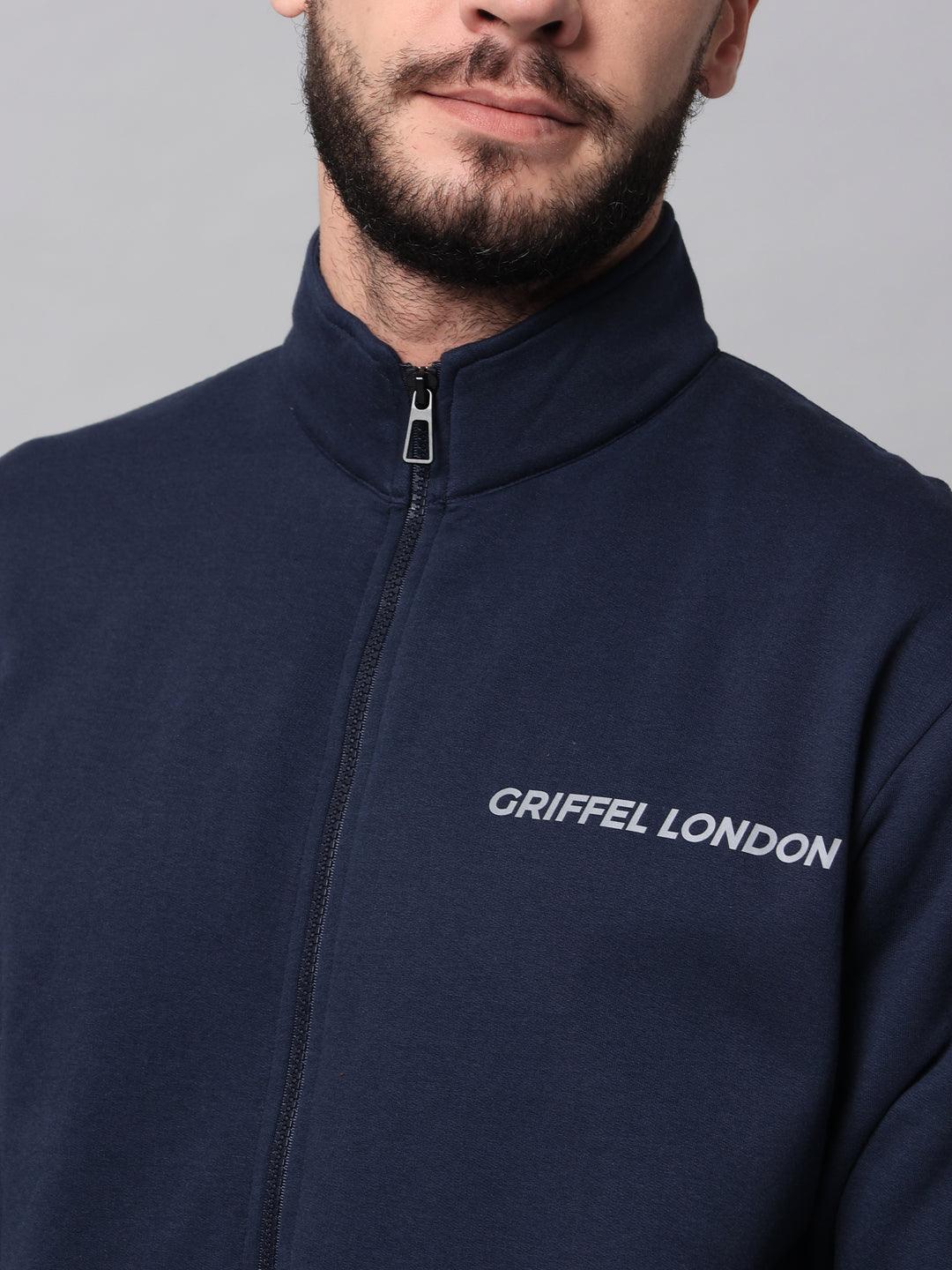 Griffel Men's Front Logo Fleece Zipper and Jogger Full set Navy Tracksuit - griffel
