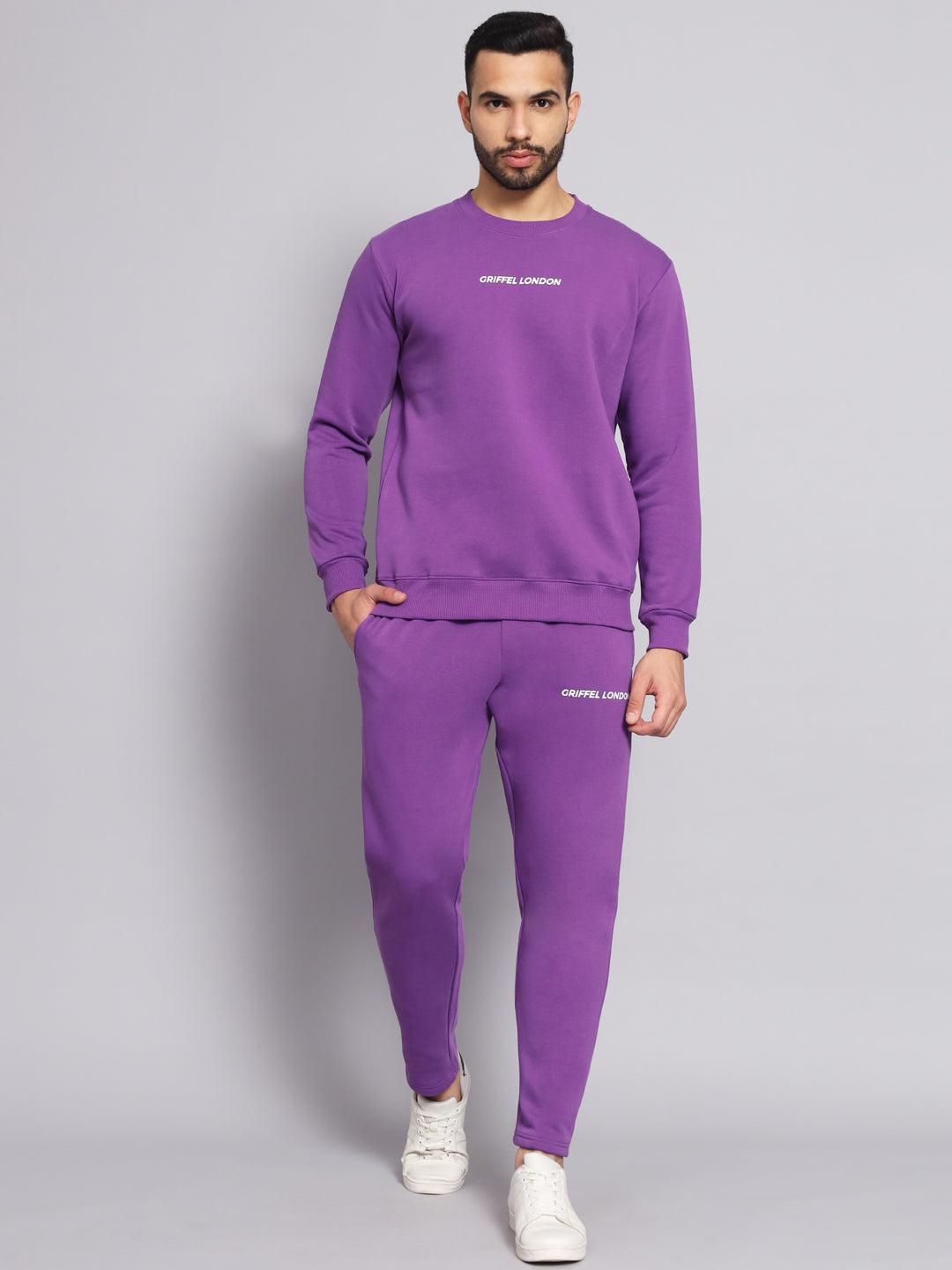 Griffel Men's Front Logo Solid Fleece Basic R-Neck Sweatshirt and Joggers Full set Dark Purple Tracksuit - griffel
