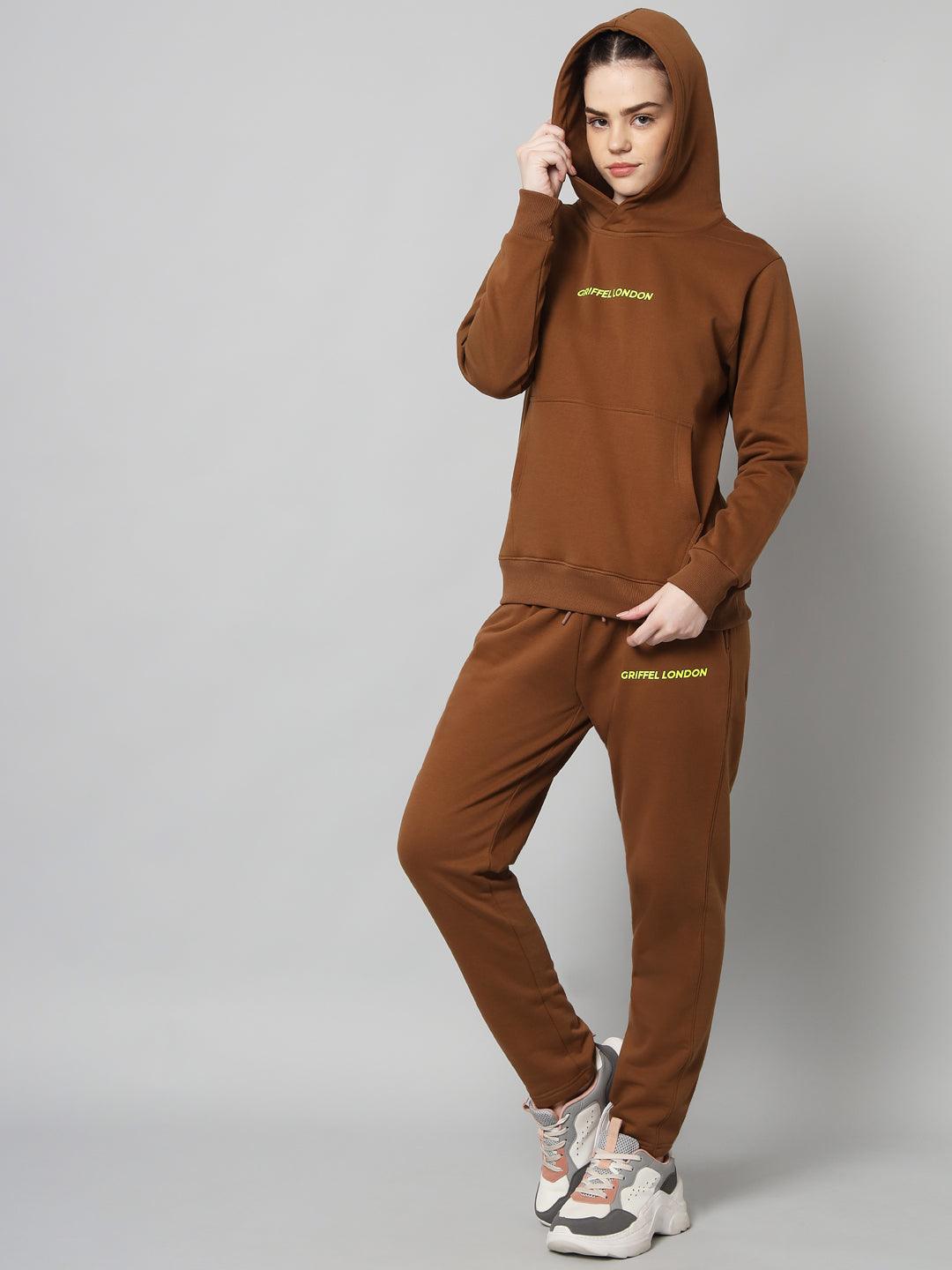 Griffel Women Solid Fleece Basic Hoodie and Joggers Full set Coffee Tracksuit - griffel