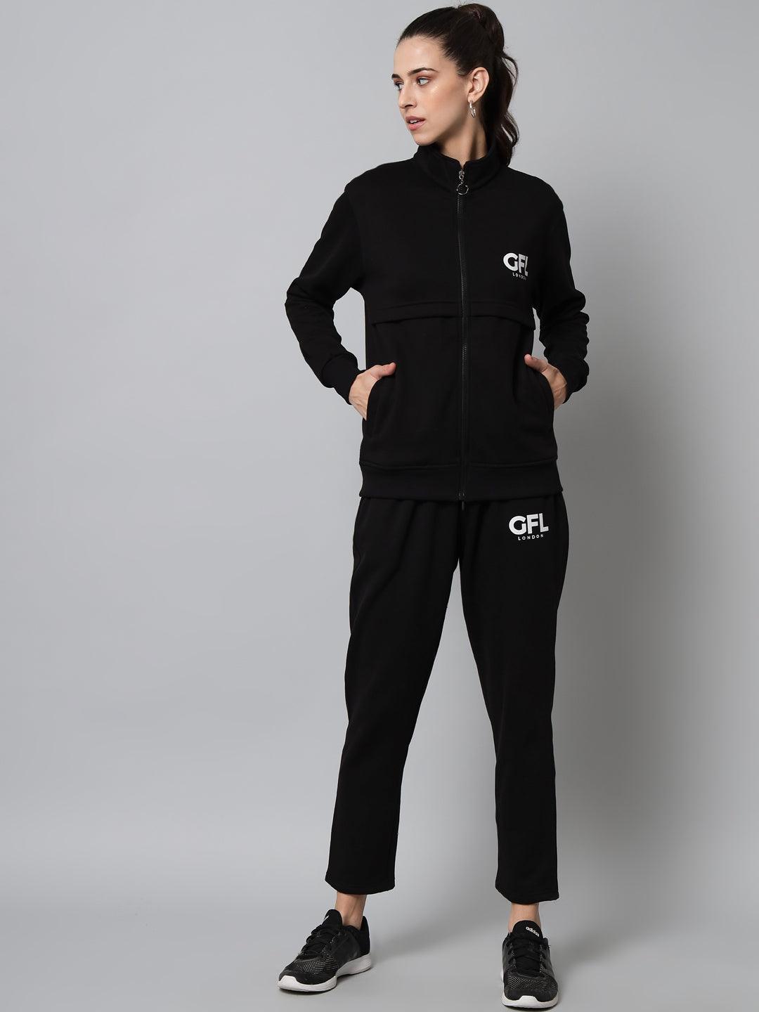 Griffel Women Solid Fleece Zipper Neck Sweatshirt and Joggers Full set Black Tracksuit - griffel