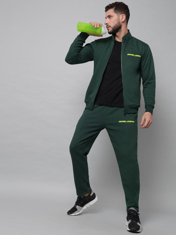Griffel Men's Front Logo Fleece Zipper and Jogger Full set Green Tracksuit - griffel