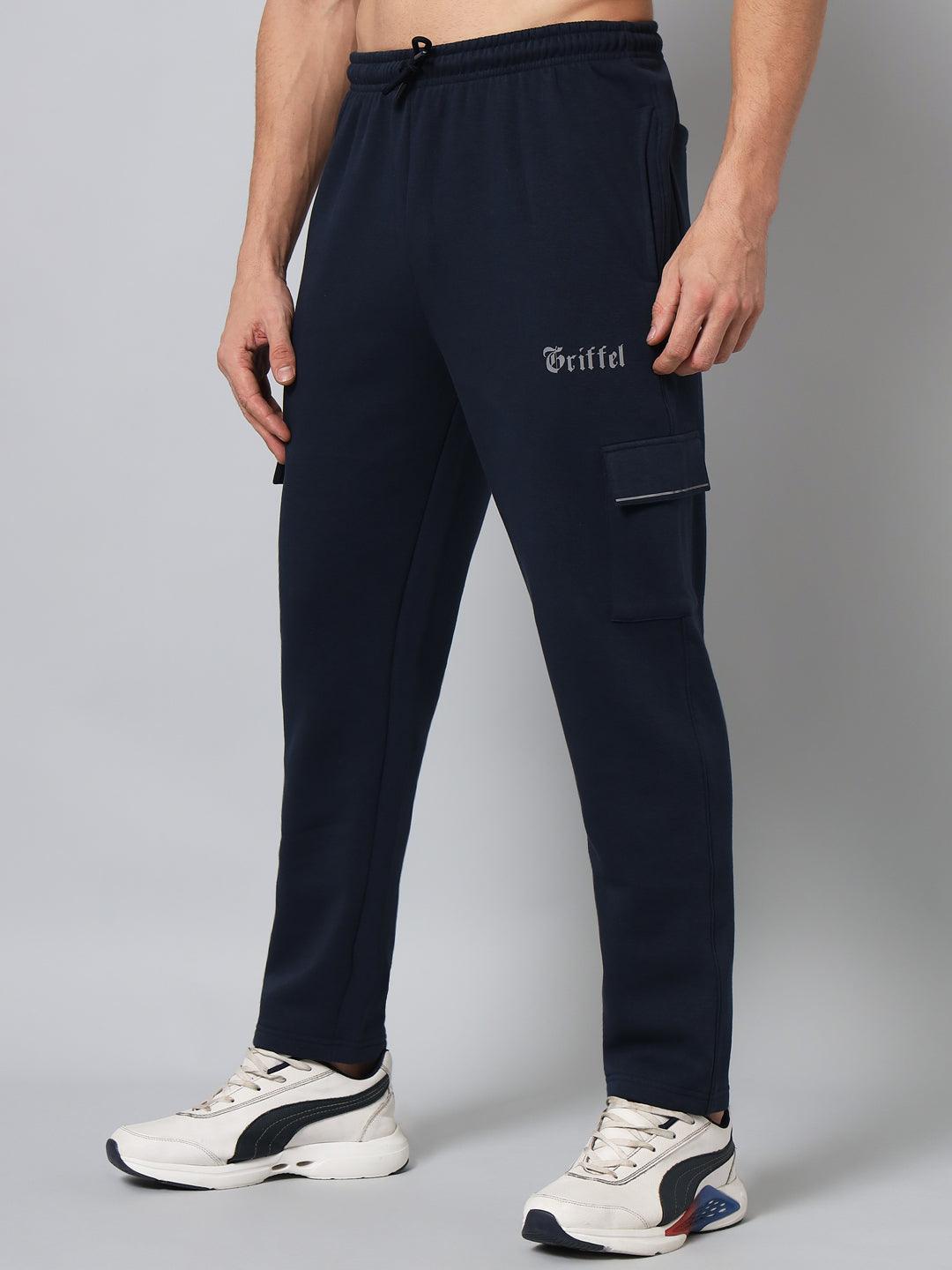 GRIFFEL Men Fleece 6 Pocket Front Logo Navy Grey Trackpants - griffel