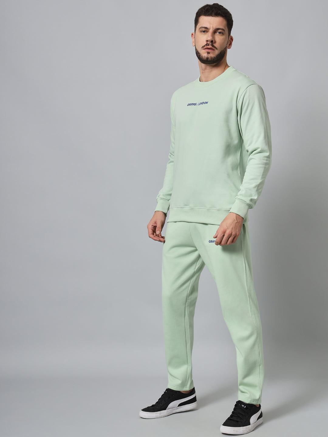 Griffel Men's Front Logo Solid Fleece Basic R-Neck and Joggers Full set Sea Green Tracksuit - griffel