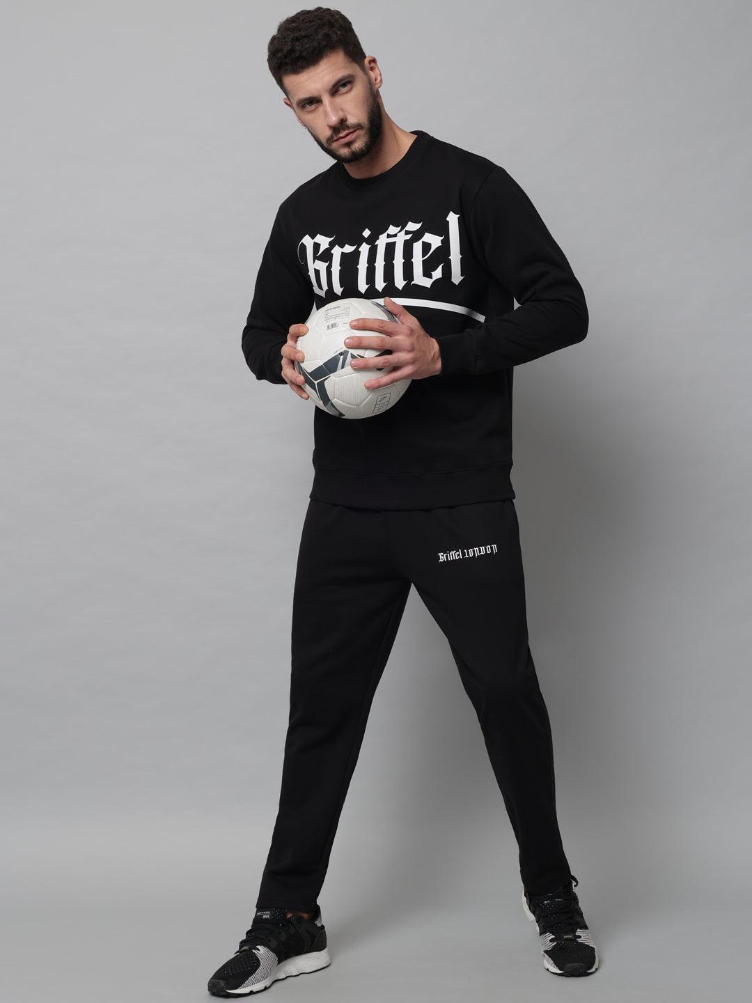 Griffel Men's Printed Solid Fleece Basic R-Neck Sweatshirt and Joggers Full set Black Tracksuit - griffel