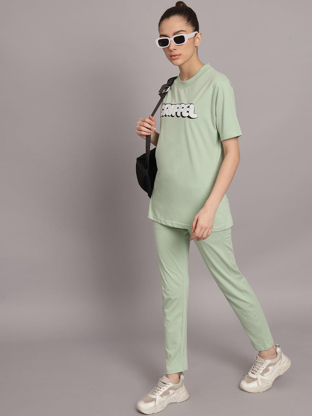 GRIFFEL Women Printed Oversized Loose fit Sea Green T-shirt and Trackpant Set - griffel