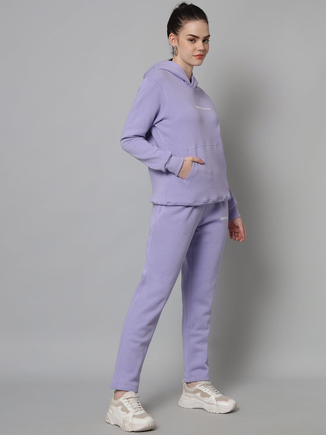 Griffel Women Solid Fleece Basic Hoodie and Joggers Full set Mauve Tracksuit - griffel