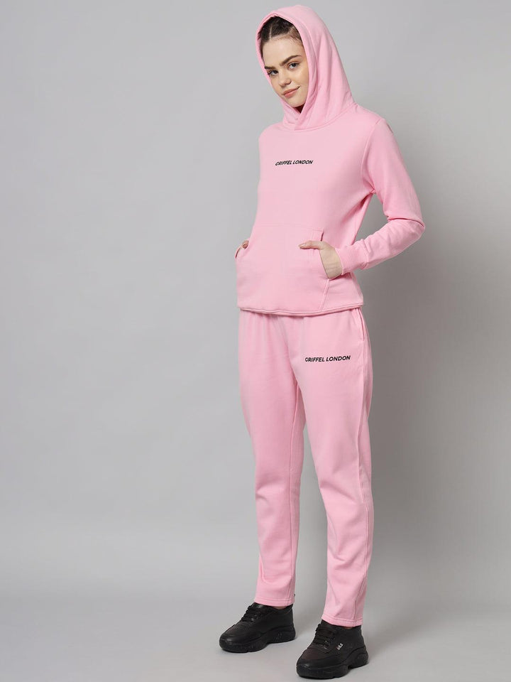 Griffel Women Solid Fleece Basic Hoodie and Joggers Full set Pink Tracksuit - griffel