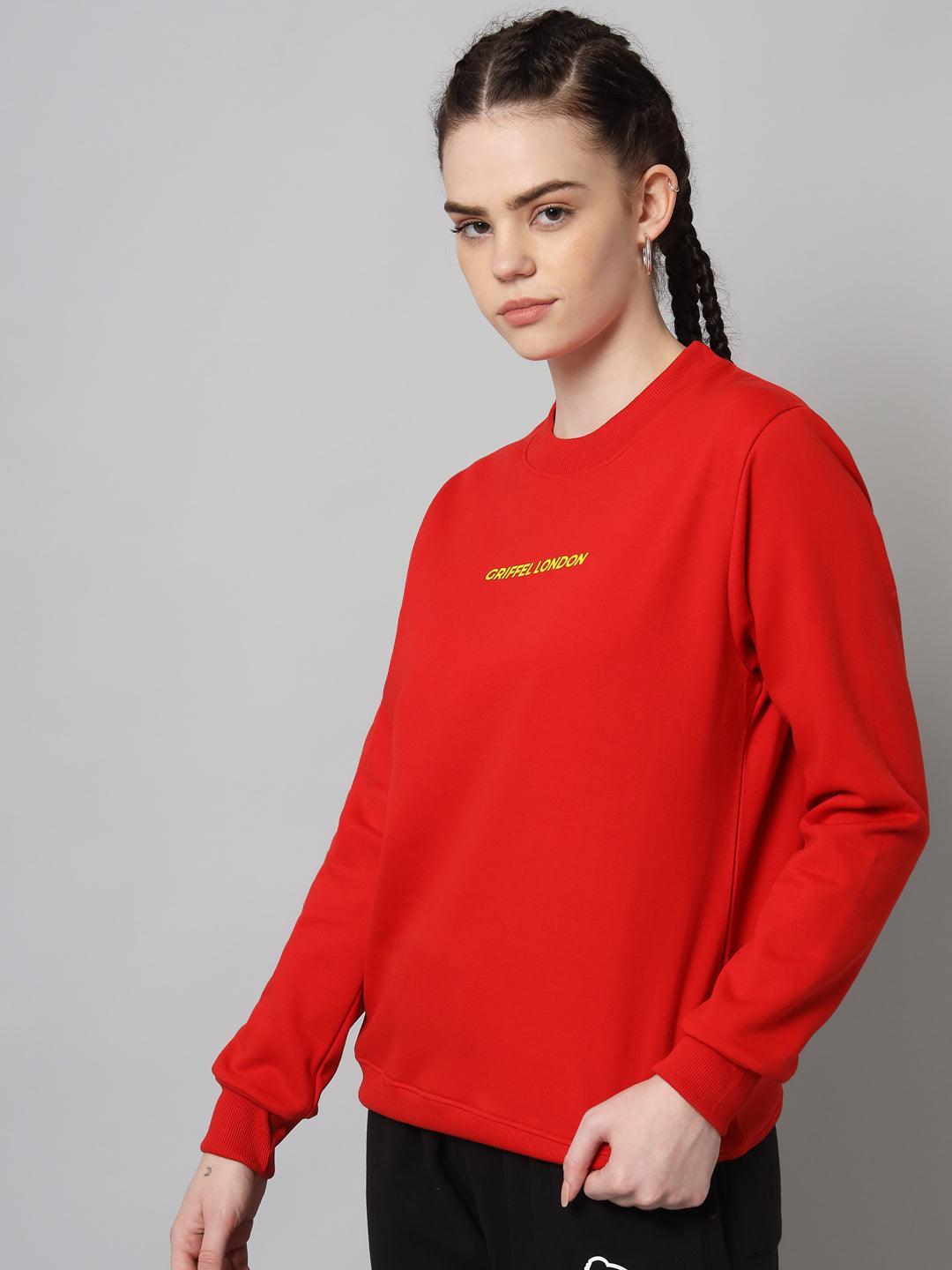 Griffel Women’s Printed Round Neck Red Cotton Fleece Full Sleeve Sweatshirt - griffel