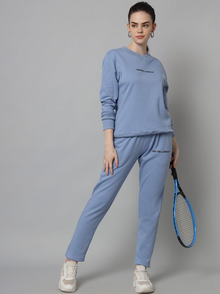 Griffel Women Solid Fleece Basic Round Neck Sweatshirt and Joggers Full set Sky Blue Tracksuit - griffel