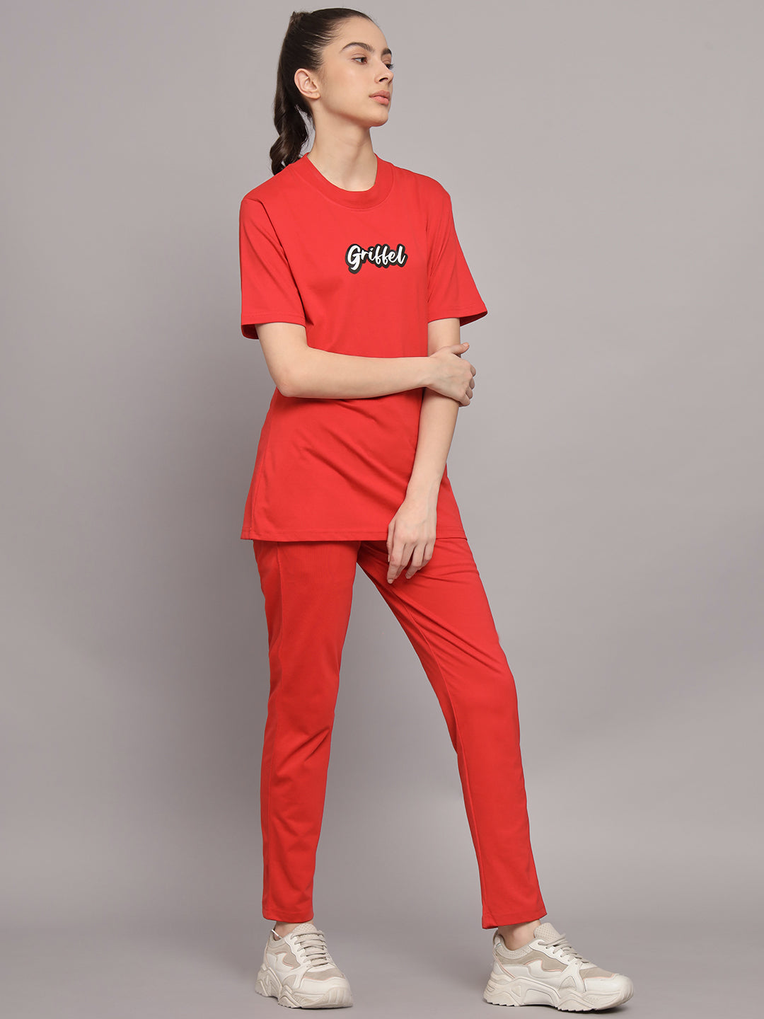 GRIFFEL Women Printed Oversized Loose fit Red T-shirt and Trackpant Set - griffel