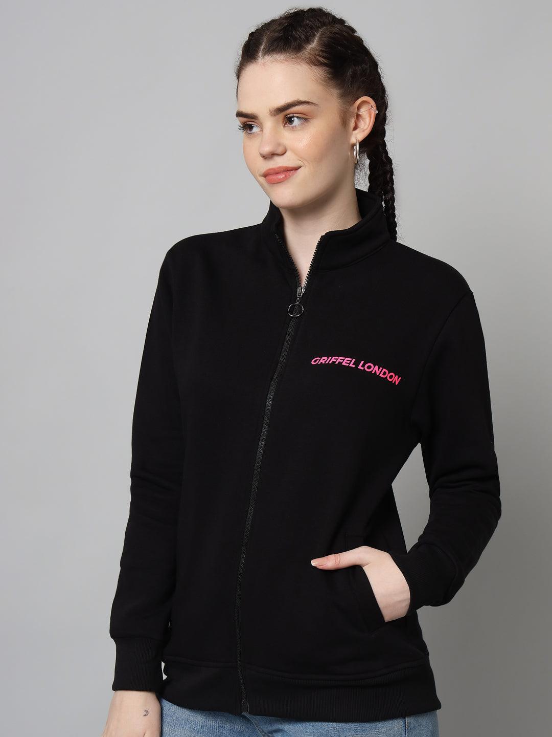 Griffel Women’s Cotton Fleece Full Sleeve Black Zipper Sweatshirt - griffel