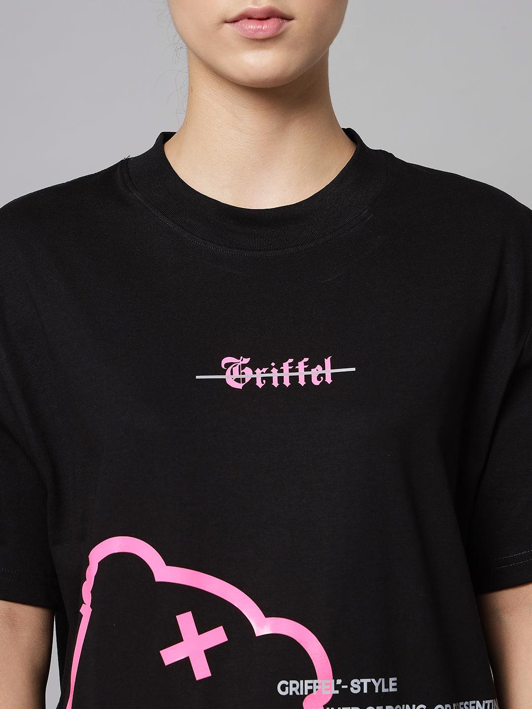 GRIFFEL Women Teddy Print Loose fit Black T-shirt - griffel