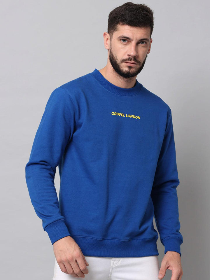 Griffel Men's Cotton Fleece Round Neck Royal Sweatshirt with Full Sleeve and Front Logo Print - griffel