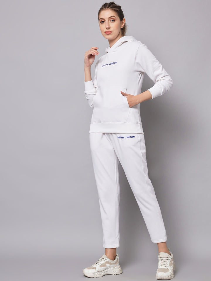 Griffel Women Solid Fleece Basic Hoodie and Joggers Full set White Tracksuit - griffel