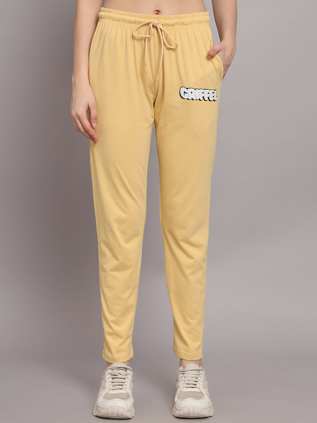 GRIFFEL Women Printed Oversized Loose fit Light Yellow T-shirt and Trackpant Set - griffel