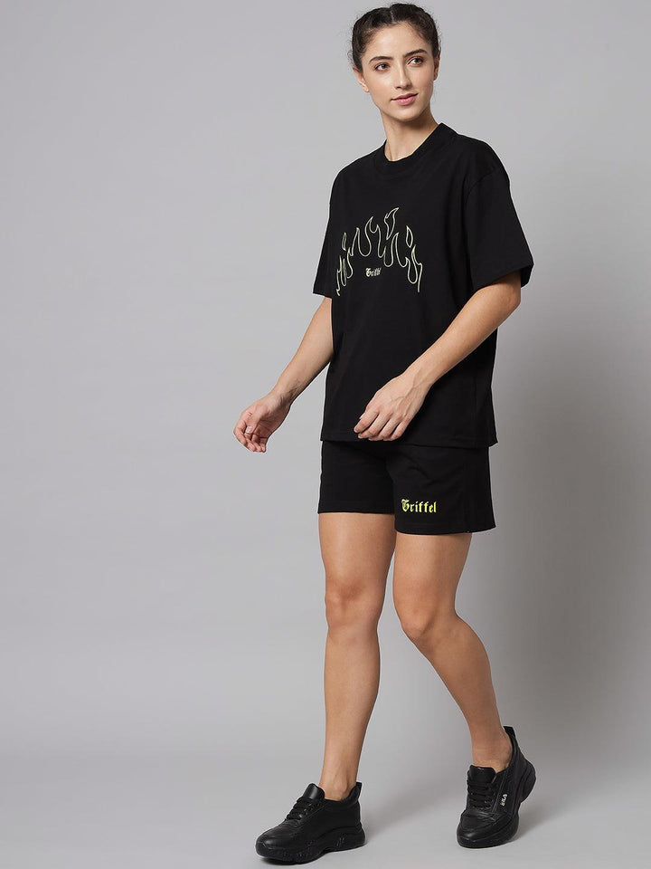 GRIFFEL Women Black Fire Printed Oversized Loose fit T-shirt and Short Set - griffel