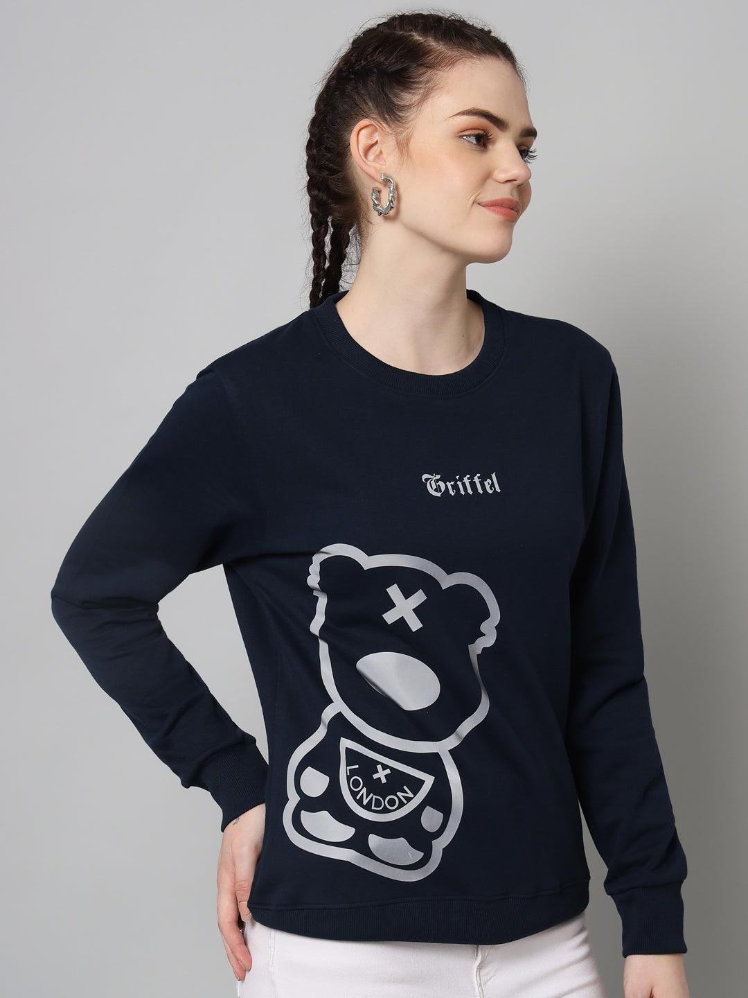 Griffel Women’s Teddy Print Round Neck Navy Grey Cotton Fleece Full Sleeve Sweatshirt - griffel