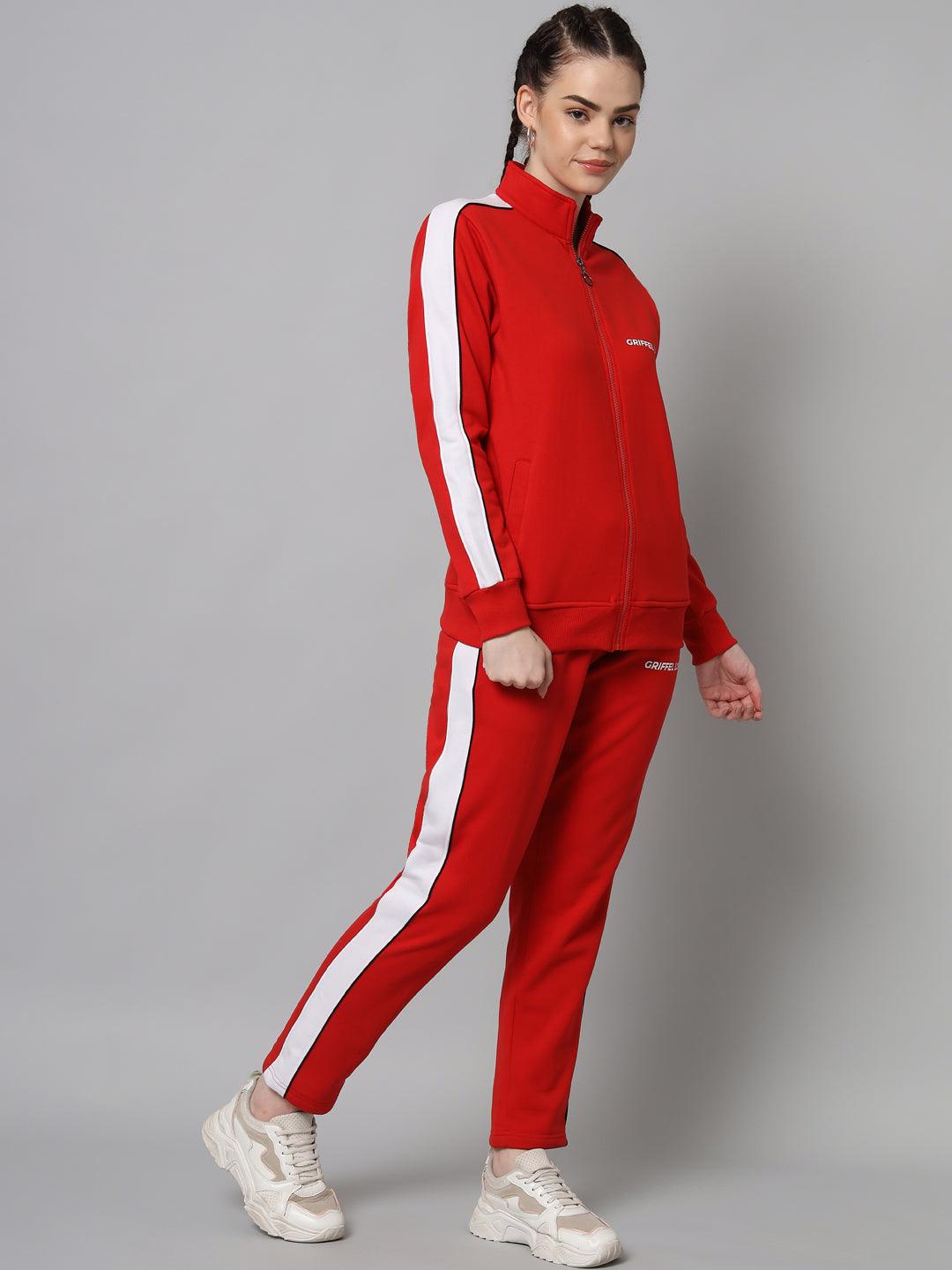 Griffel Women Color Blocked Fleece Zipper Neck Sweatshirt and Joggers Full set RedTracksuit - griffel