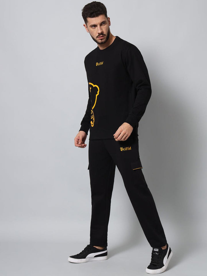 Griffel Men's Front Teddy Print Fleece Basic R-Neck Sweatshirt and Joggers Full set Mustard Black Tracksuit - griffel