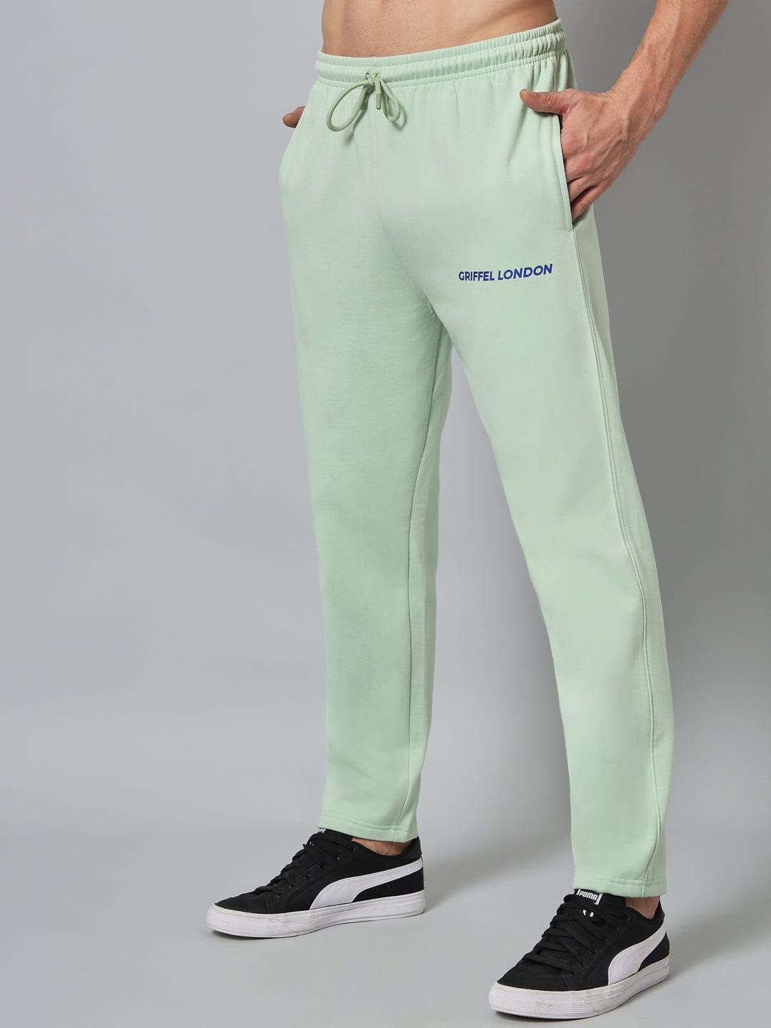 GRIFFEL Men Fleece Basic Solid Front Logo Sea Green Trackpants - griffel