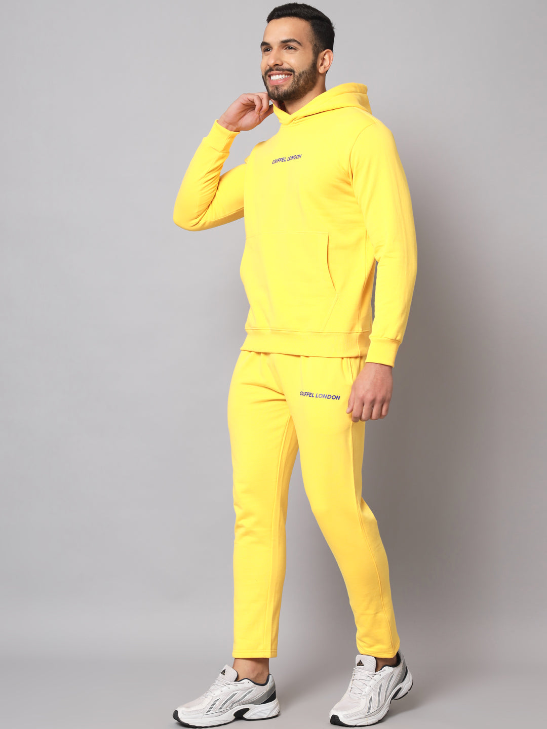 Griffel Men's Front Logo Solid Fleece Basic Hoodie and Joggers Full set Yellow Tracksuit - griffel