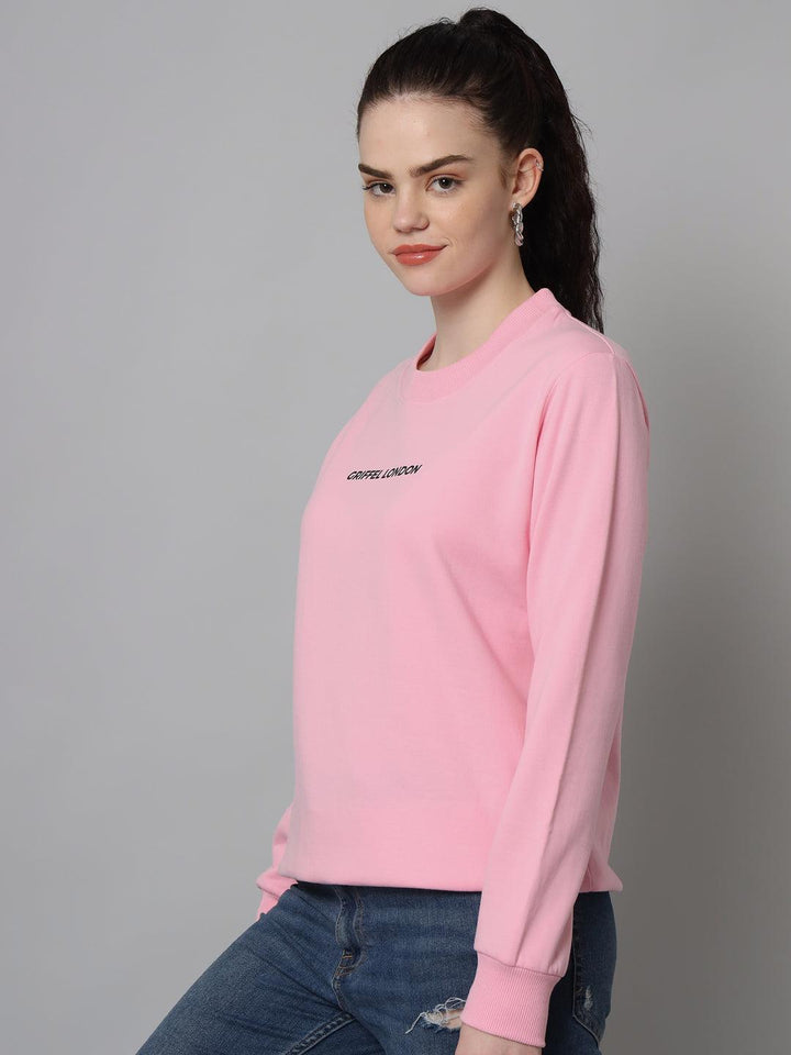 Griffel Women’s Printed Round Neck Pink Cotton Fleece Full Sleeve Sweatshirt - griffel
