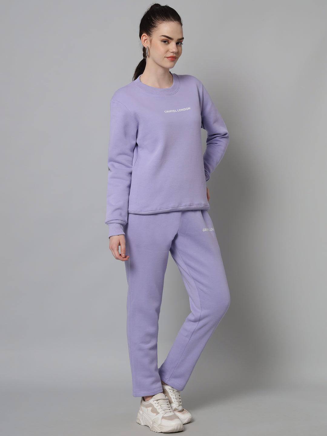 Griffel Women Solid Fleece Basic Round Neck Sweatshirt and Joggers Full set Mauve Tracksuit - griffel