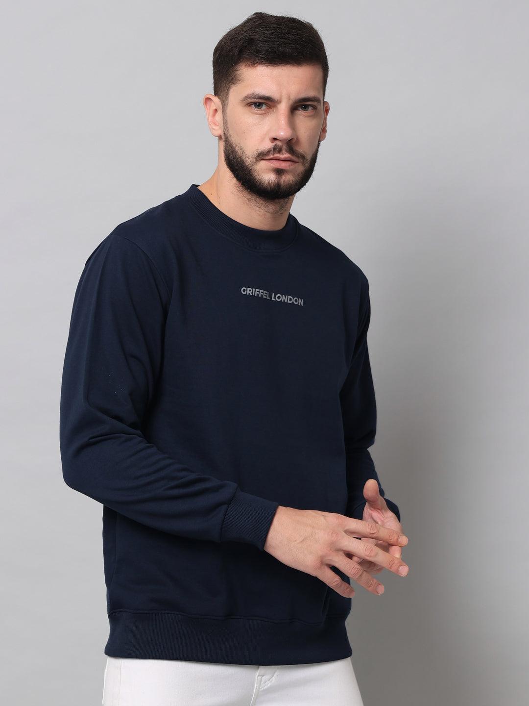 Griffel Men's Cotton Fleece Round Neck Navy Sweatshirt with Full Sleeve and Front Logo Print - griffel
