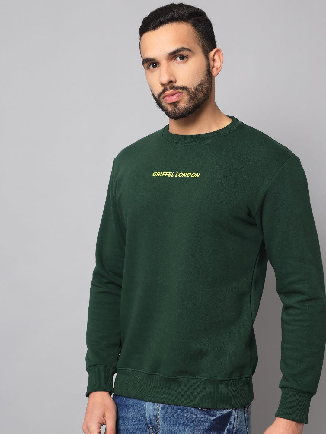 Griffel Men's Cotton Fleece Round Neck Green Sweatshirt with Full Sleeve and Front Logo Print - griffel