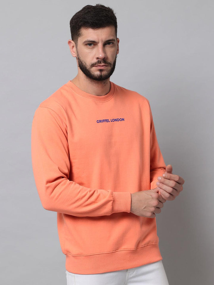 Griffel Men's Cotton Fleece Round Neck Peach Sweatshirt with Full Sleeve and Front Logo Print - griffel